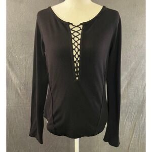 We The Free Free People Womens Black Lace Up Front Long Sleeve Ribbed Top Size M